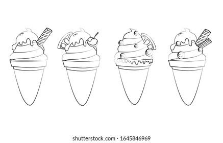 Contour vector illustration ice cream cones. Colloring book. Set