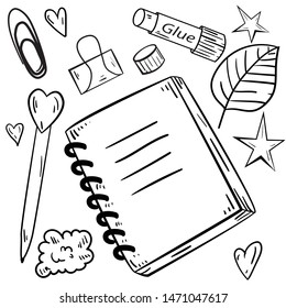 Contour vector illustration with notebook, pen, glue stick, leaf on white background. Good for printing. Coloring book ideas. Postcard and logo elements. Back to school idea.