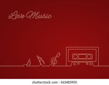 Contour Vector illustration of an old cassette and musical notes. Vector element for your creativity