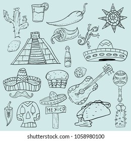 contour vector illustration on isolated background of Mexican elements for design cacti, sombreros, and other symbols of the country Mexico