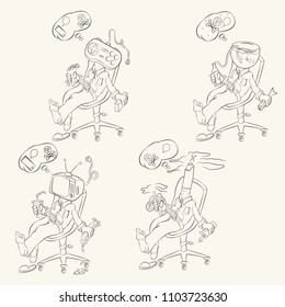 contour vector illustration on the theme of health of the population social problems, dependency on alcohol, gaming, tobacco, and television the seated man in the chair