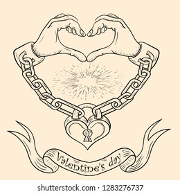 contour vector illustration on the theme of Valentines day hands heart chained in shackles and chain closed on the padlock