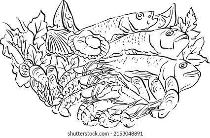 Contour vector illustration seafood, shrimp, fish, fish dish, fish restaurant