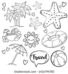 Contour vector illustration with sun, umbrella, starfish, palm, cocktail and swimming boll on white background. Good for printing. Coloring book ideas. Postcard and logo elements. Isolated set.