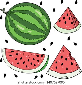 Contour vector illustration with watermelon, parts and slice on white background. Good for printing. Cute fruit illustration. Isolated set. Boat card and logo ideas.