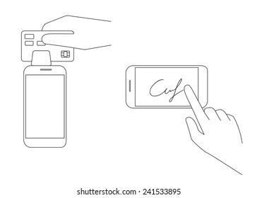 Contour vector illustrations of mobile acquiring with signature via smartphone. Line thickness fully editable
