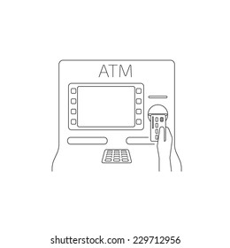 Contour vector illustrations of payment by credit card via atm. Line thickness fully editable