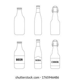 Contour vector image of glass beer bottles with lids.