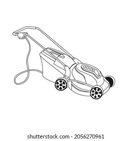 Icono de cortadora de césped vector de contorno aislado en un fondo blanco. El cuidado del jardín de césped y flores, el diseño del paisaje.