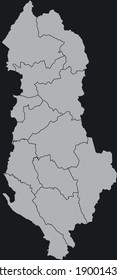 Mapa de vector de contorno de Albania con la designación de las fronteras administrativas de las regiones sobre un fondo oscuro.