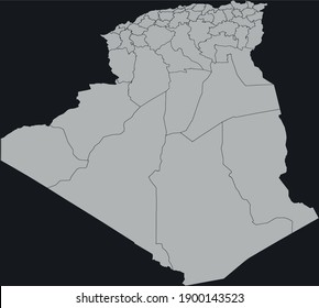Contour vector map of Algeria with the designation of the administrative borders of the regions on a dark background.