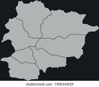 Kontaktieren Sie die Vektorkarte von Andorra mit der Bezeichnung der Verwaltungsgrenzen der Regionen auf dunklem Hintergrund.