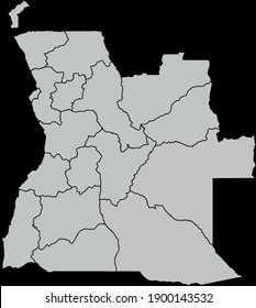 Contour vector map of Angola with the designation of the administrative borders of the regions on a dark background.