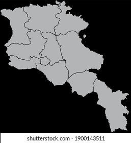 Contour vector map of Armenia with the designation of the administrative borders of the regions on a dark background.