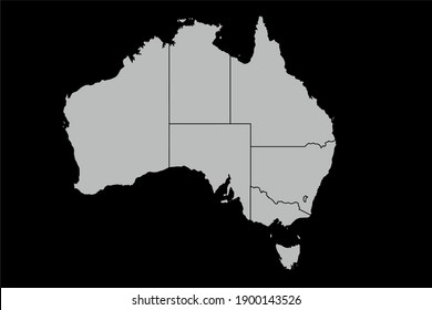 Mapa de vector de contorno de Australia con la designación de las fronteras administrativas de las regiones sobre un fondo oscuro.
