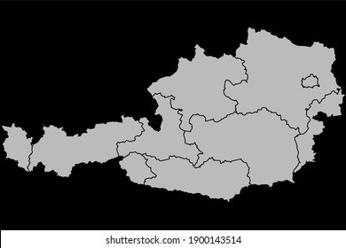 Contour vector map of Austria with the designation of the administrative borders of the regions on a dark background.