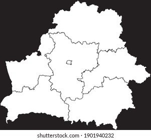 Contour vector map of Belarus with the designation of the administrative borders of the regions on a dark background.