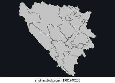 Contour vector map of Bosnia and Herzegovina with the designation of the administrative borders of the regions on a dark background.