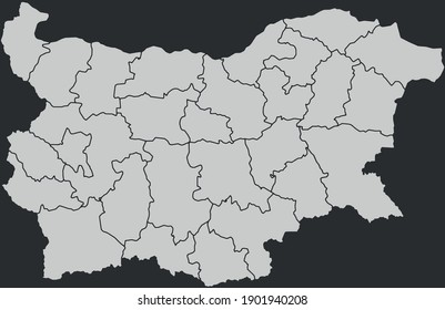 Contour vector map of Bulgaria with the designation of the administrative borders of the regions on a dark background.