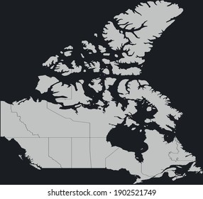 Contour vector map of Canada with the designation of the administrative borders of the regions on a dark background.