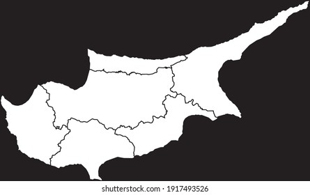 Contour vector map of Cyprus with the designation of the administrative borders of the regions on a dark background.