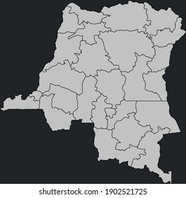 Contour vector map of Democratic Republic of the Congo (DRC) with the designation of the administrative borders of the regions on a dark background.