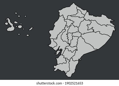 Contour vector map of Ecuador with the designation of the administrative borders of the regions on a dark background.