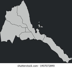 Contour vector map of Eritrea with the designation of the administrative borders of the regions on a dark background.