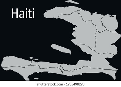 Contour vector map of Haiti with the designation of the administrative borders of the regions on a dark background.