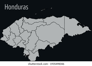 Mapa de vector de contorno de Honduras con la designación de las fronteras administrativas de las regiones en un fondo oscuro.