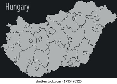 Contour vector map of Hungary with the designation of the administrative borders of the regions on a dark background.