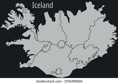 Contour vector map of Iceland with the designation of the administrative borders of the regions on a dark background.