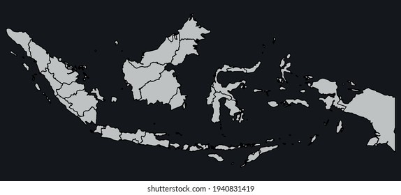 Mapa de vector de contorno de Indonesia con la designación de las fronteras administrativas de las regiones sobre un fondo oscuro.