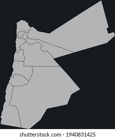 Mapa de vector de contorno de Jordania con la designación de las fronteras administrativas de las regiones en un fondo oscuro.