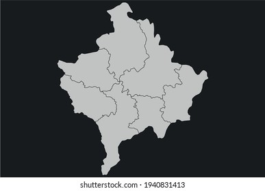 Contour vector map of Kosovo with the designation of the administrative borders of the regions on a dark background.