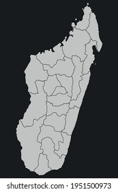 Contour vector map of Madagascar with the designation of the administrative borders of the regions on a dark background.