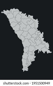 Contour vector map of Moldova with the designation of the administrative borders of the regions on a dark background.