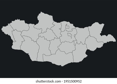 Contour vector map of Mongolia with the designation of the administrative borders of the regions on a dark background.