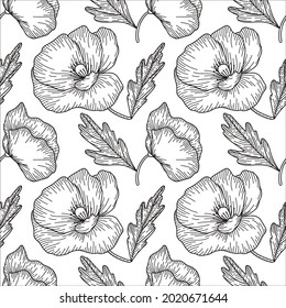 Contour vector pattern of poppy flowers for printing on fabric, clothing, packaging, etc. Floral seamless illustration in a linear style. Black and white botanical ornament.