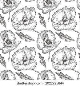 A contour vector pattern of poppy flowers drawn linearly. For printing ornaments on fabric, wallpaper, packaging, clothing and much more. Black and white floral illustration in a graphic style.