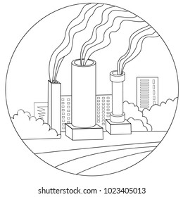 Contour vector picture pollution environment. Image of smoking pipes in the background of the city