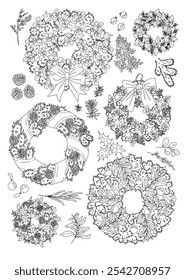 contour vector set of drawn Christmas wreaths