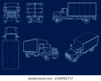 Contour vector set of icon vans, front view, side view, back, top. isometric view