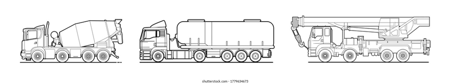 Contour vector set of mixer, truck, truck crane on a white background. Outline drawing for coloring book. Work cars. Concrete mixer, crane, tank. Modern flat vector illustration.