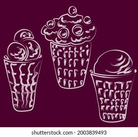 Contour vector watercolor brush drawings of various ice cream waffle cups