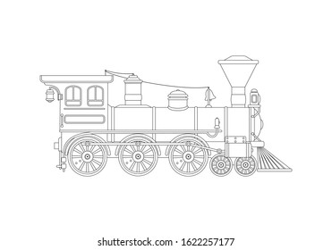 Contour vintage steam locomotive in retro style. Coloring page. Vector illustration