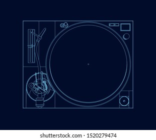 The contour of a vinyl player. View from above. Vintage vinyl record player. Vector illustration.
