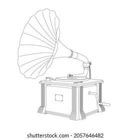 Contour of a vinyl record player from black lines isolated on a white background. Vector illustration