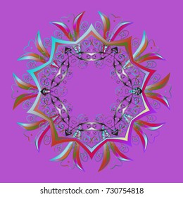 Contour violet, blue and gray mandala shaped snowflakes for art therapy style zen drawing. Hand-drawn, stylish doodle in tatto style, fabric design and cards in Vector illustration.