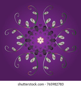 Contour violet, gray and white mandala shaped snowflakes for art therapy style zen drawing. Hand-drawn, stylish doodle in tatto style, fabric design and cards in Vector illustration.